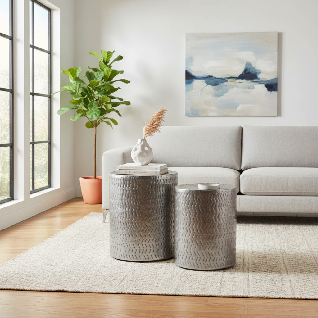 Templar Set of 2 Nickel Finish Side Tables and Stools