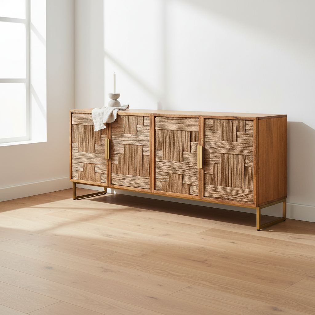 Teora Mango Wood Paper Rope Detail Four Door Sideboard