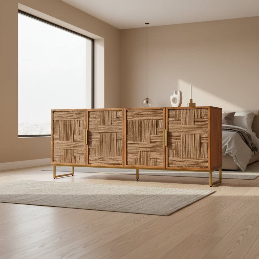 Teora Mango Wood Paper Rope Detail Four Door Sideboard