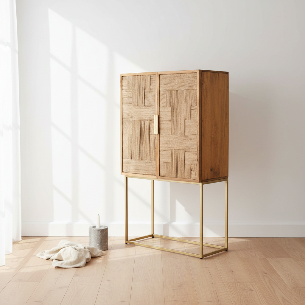 Teora Paper Rope Detail Two Door Mango Wood Cabinet