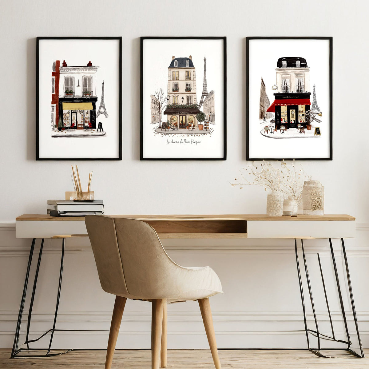 The Office Wall Art Paris Street Café Illustrations "Le charme de l'hiver Parisien" displayed on a wall in a styled room