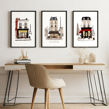 The Office Wall Art Paris Street Café Illustrations "Le charme de l'hiver Parisien" displayed on a wall in a styled room