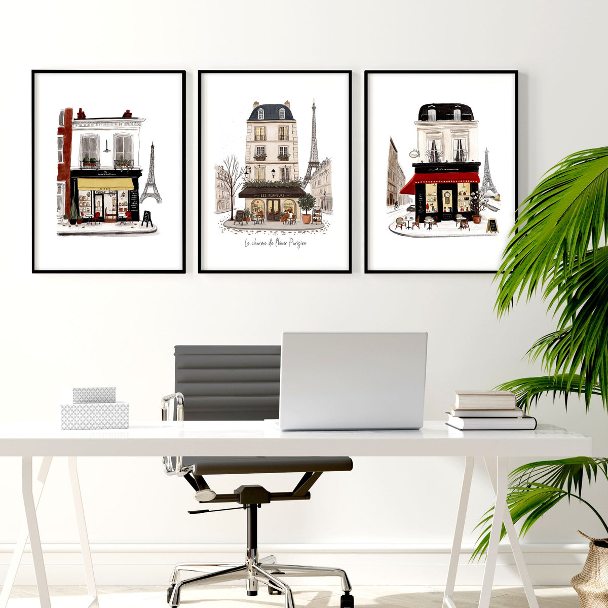 The Office Wall Art Paris Street Café Illustrations "Le charme de l'hiver Parisien" displayed on a wall in a styled room — view 5