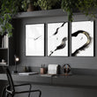 Therapy Office Wall Art Japandi Zen Ink Brushstroke Solitary Figure Black White Gold displayed on a wall in a styled room