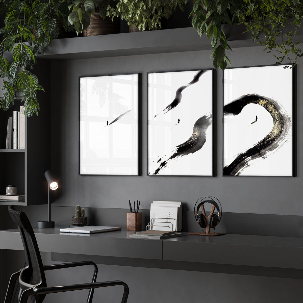 Therapy Office Wall Art Japandi Zen Ink Brushstroke Solitary Figure Black White Gold displayed on a wall in a styled room