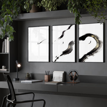 Therapy Office Wall Art Japandi Zen Ink Brushstroke Solitary Figure Black White Gold displayed on a wall in a styled room
