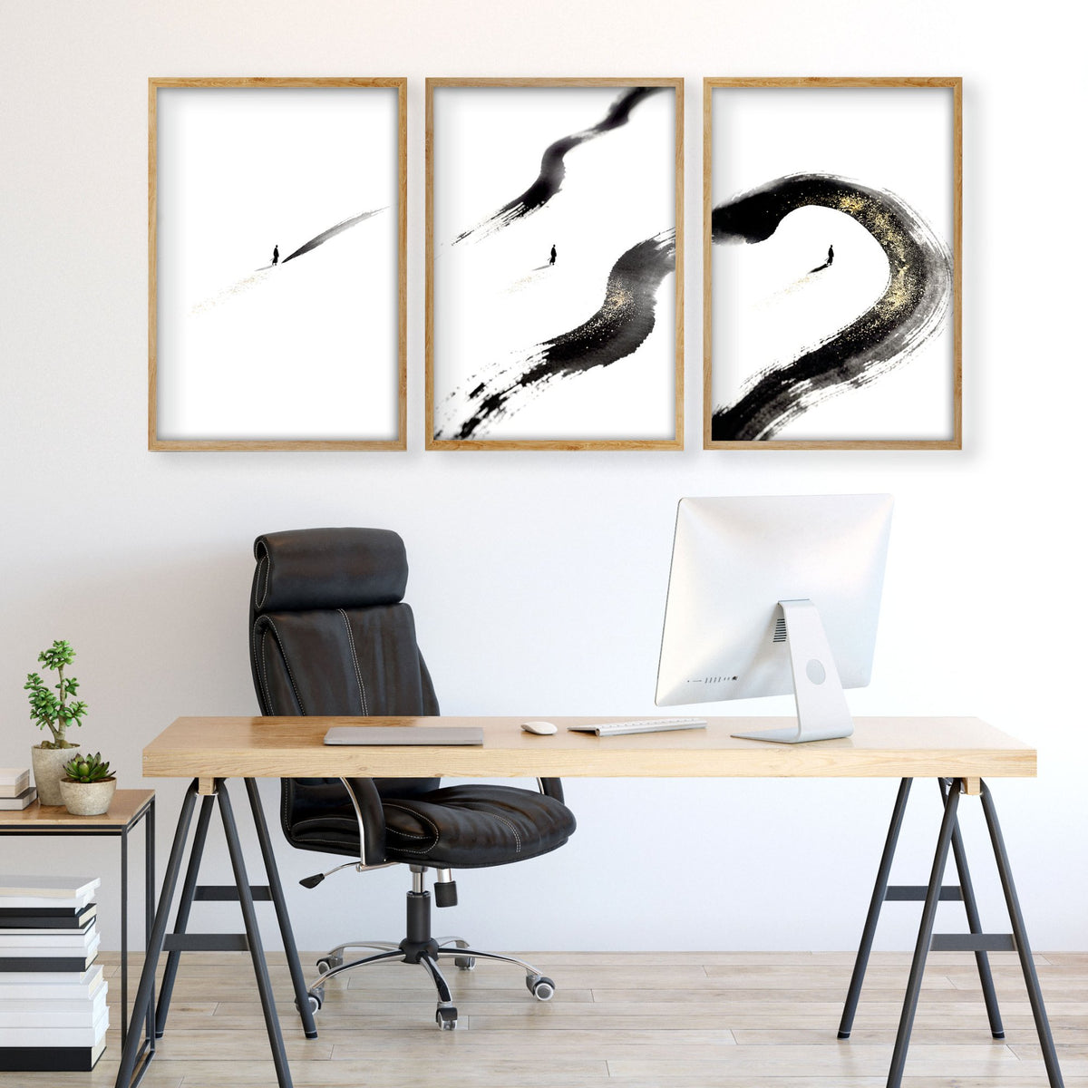 Therapy Office Wall Art Japandi Zen Ink Brushstroke Solitary Figure Black White Gold displayed on a wall in a styled room — view 2