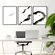 Therapy Office Wall Art Japandi Zen Ink Brushstroke Solitary Figure Black White Gold displayed on a wall in a styled room — view 3