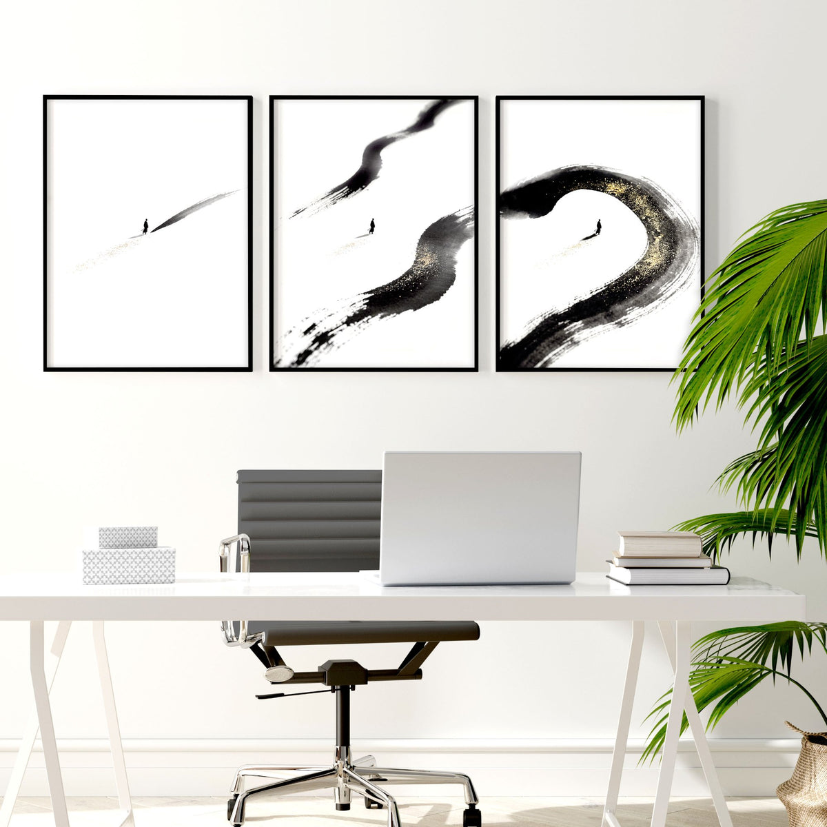 Therapy Office Wall Art Japandi Zen Ink Brushstroke Solitary Figure Black White Gold displayed on a wall in a styled room — view 3