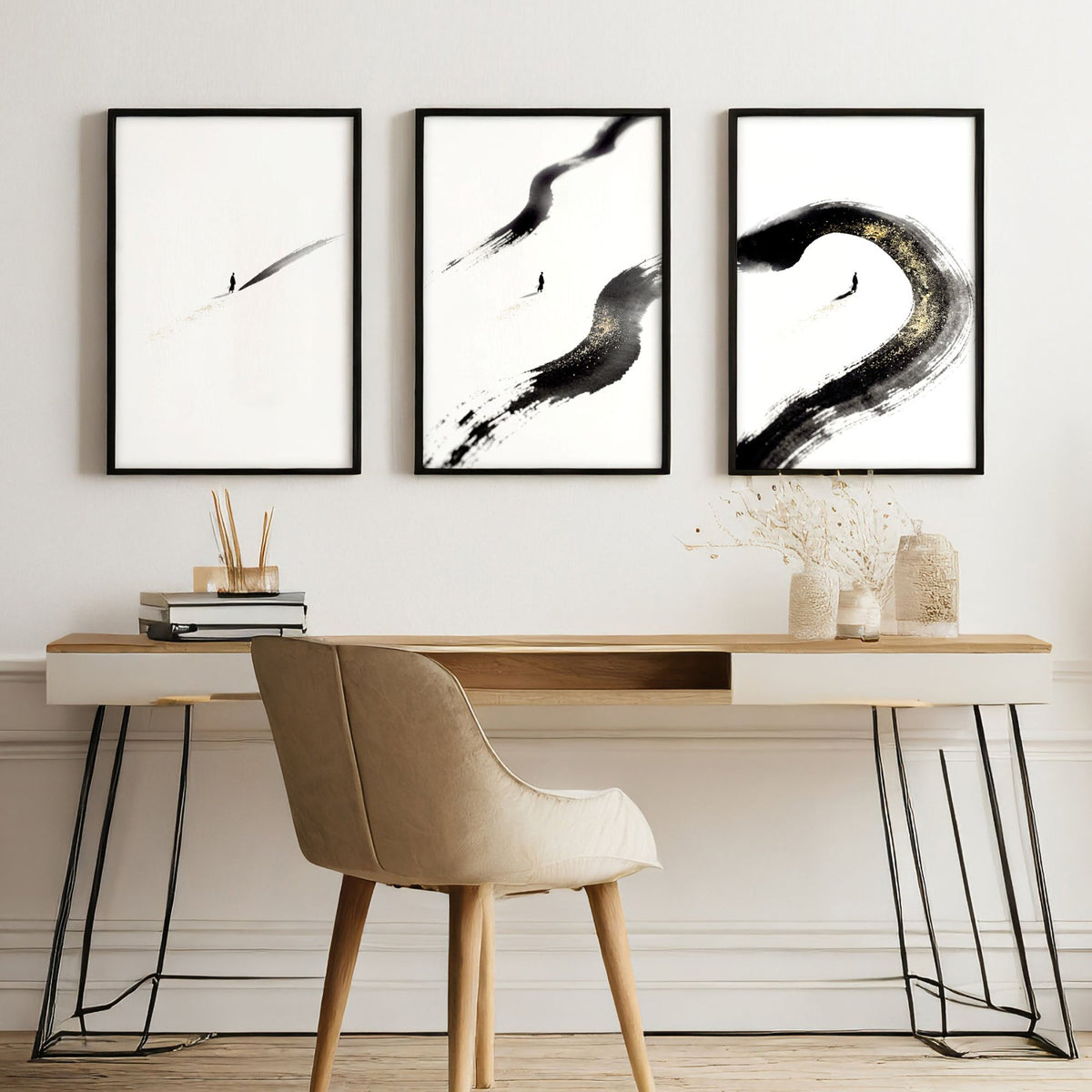 Therapy Office Wall Art Japandi Zen Ink Brushstroke Solitary Figure Black White Gold displayed on a wall in a styled room — view 4
