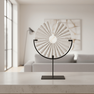 Tibor Travertine Disc Sculpture With Black Metal Base