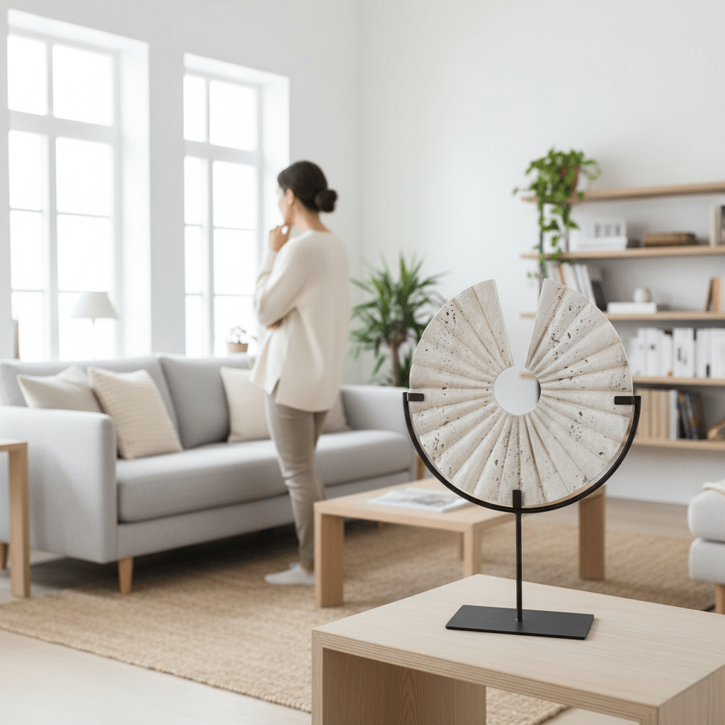 Tibor Travertine Disc Sculpture With Black Metal Base