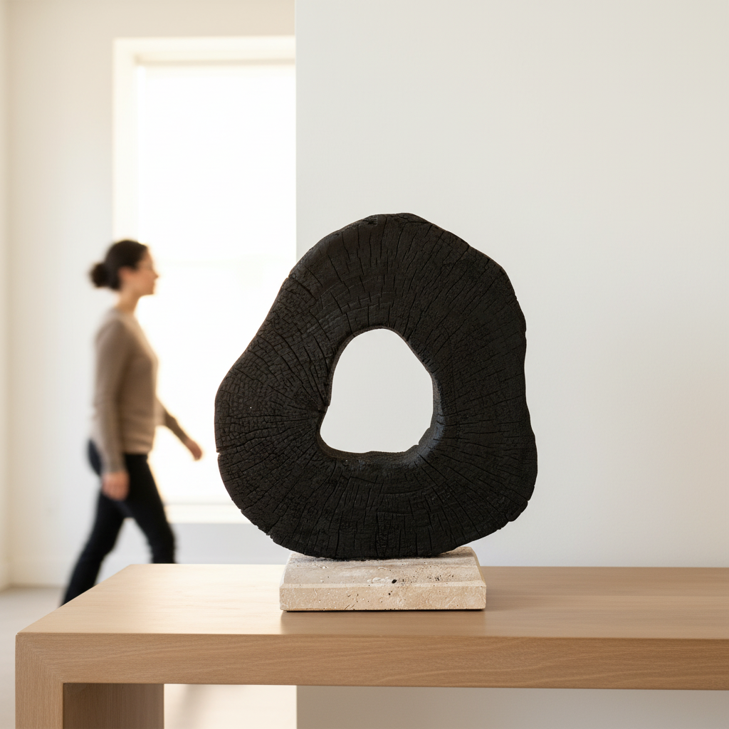 Tibor Black Mango Wood Sculpture With Travertine Base
