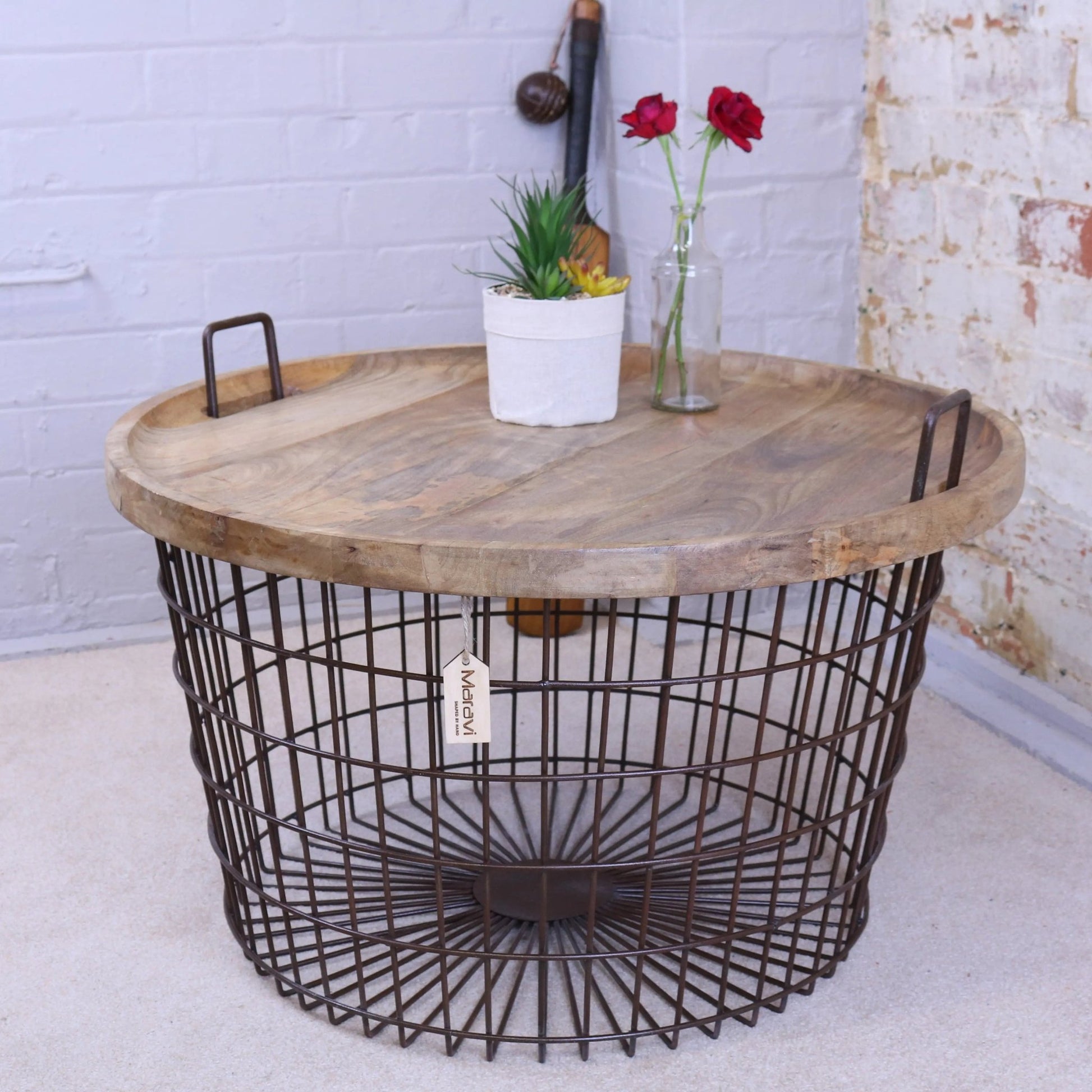 Tilpi Industrial Basket Table With Wood Lid