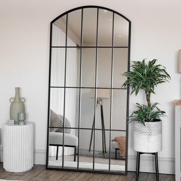 Tomi - Full Length Black Metal Arched Lattice Window Mirror - 180cm x 90cm