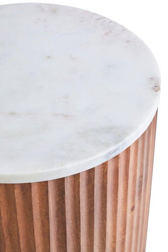 Torcino Mango Wood Carved Design Marble Top Side Table