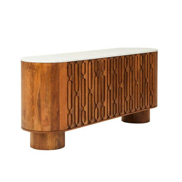 Torcino Mango Wood Carved Design Marble Top Three Door Sideboard