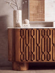 Torcino Mango Wood Carved Design Marble Top Three Door Sideboard