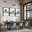 Traditional Japanese Wall Art Ink Landscape with Red Moon, Black & White displayed on a wall in a styled room
