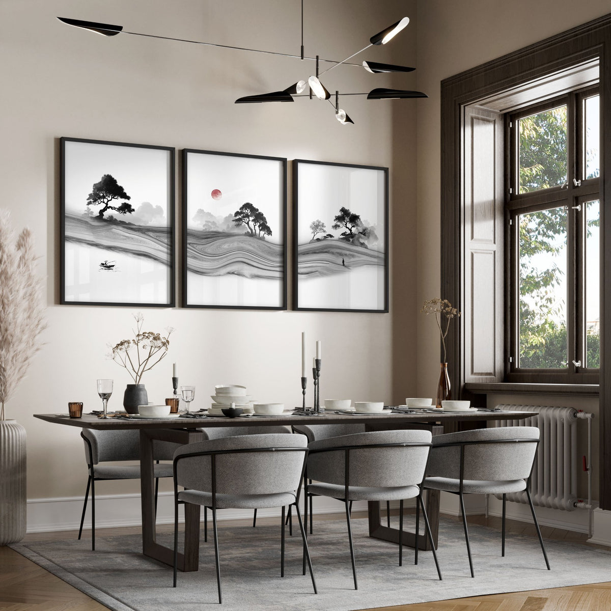 Traditional Japanese Wall Art Ink Landscape with Red Moon, Black & White displayed on a wall in a styled room