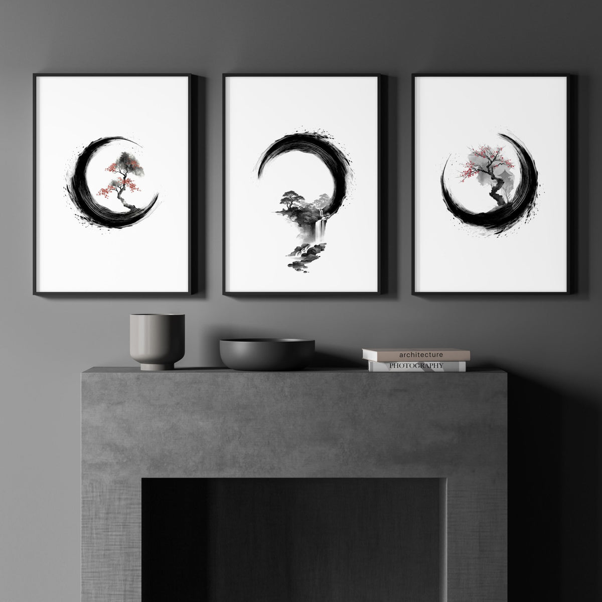 Traditional Japanese Wall Art | Enso Circle Ink Brush Zen wall art displayed on a wall in a styled room