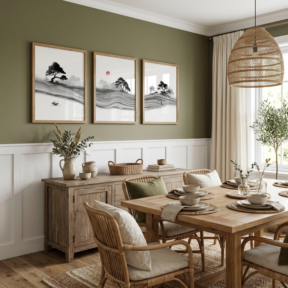 Traditional Japanese Wall Art Ink Landscape with Red Moon, Black & White displayed on a wall in a styled room — view 2