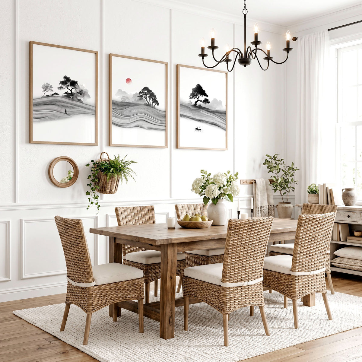 Traditional Japanese Wall Art Ink Landscape with Red Moon, Black & White displayed on a wall in a styled room — view 3