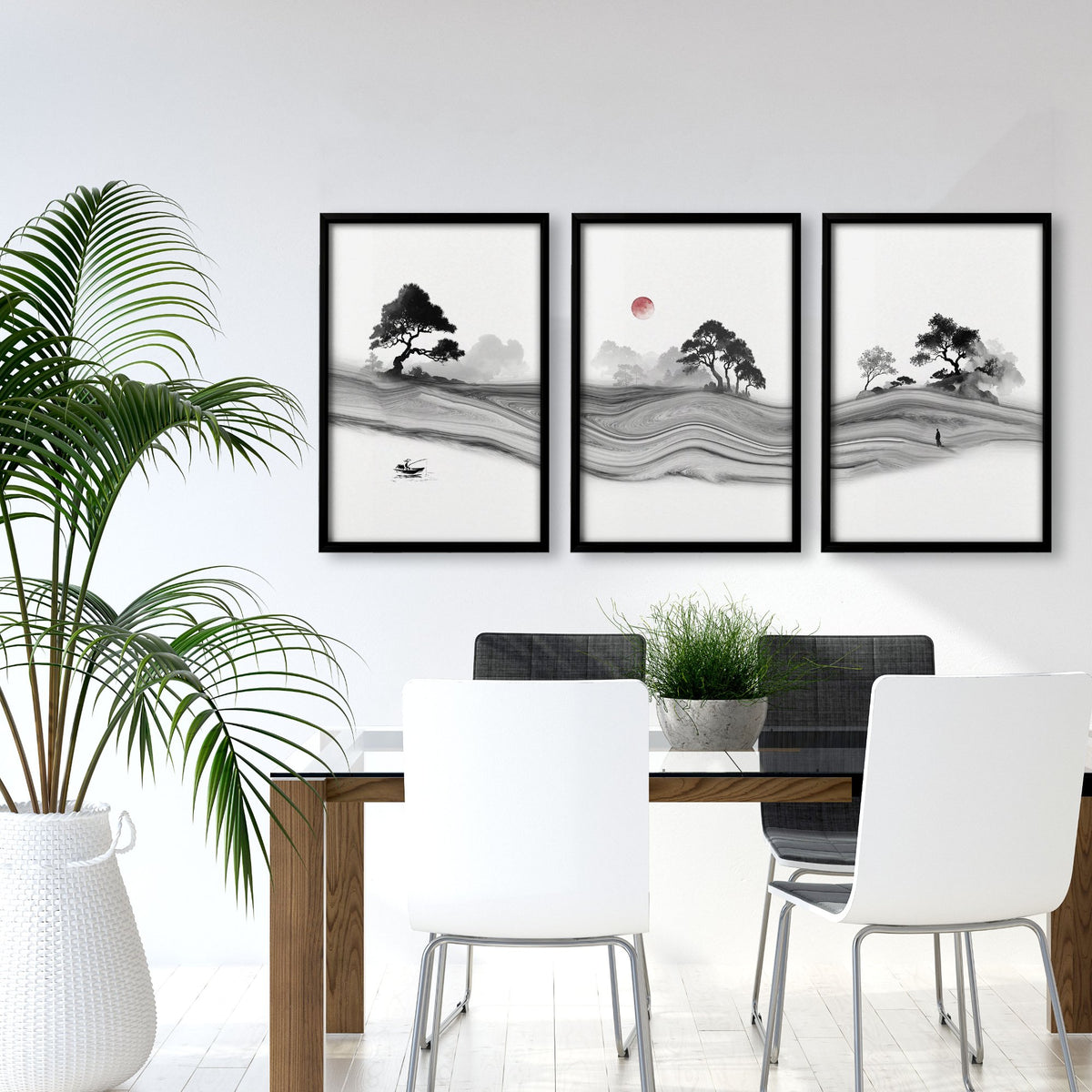 Traditional Japanese Wall Art Ink Landscape with Red Moon, Black & White displayed on a wall in a styled room — view 5