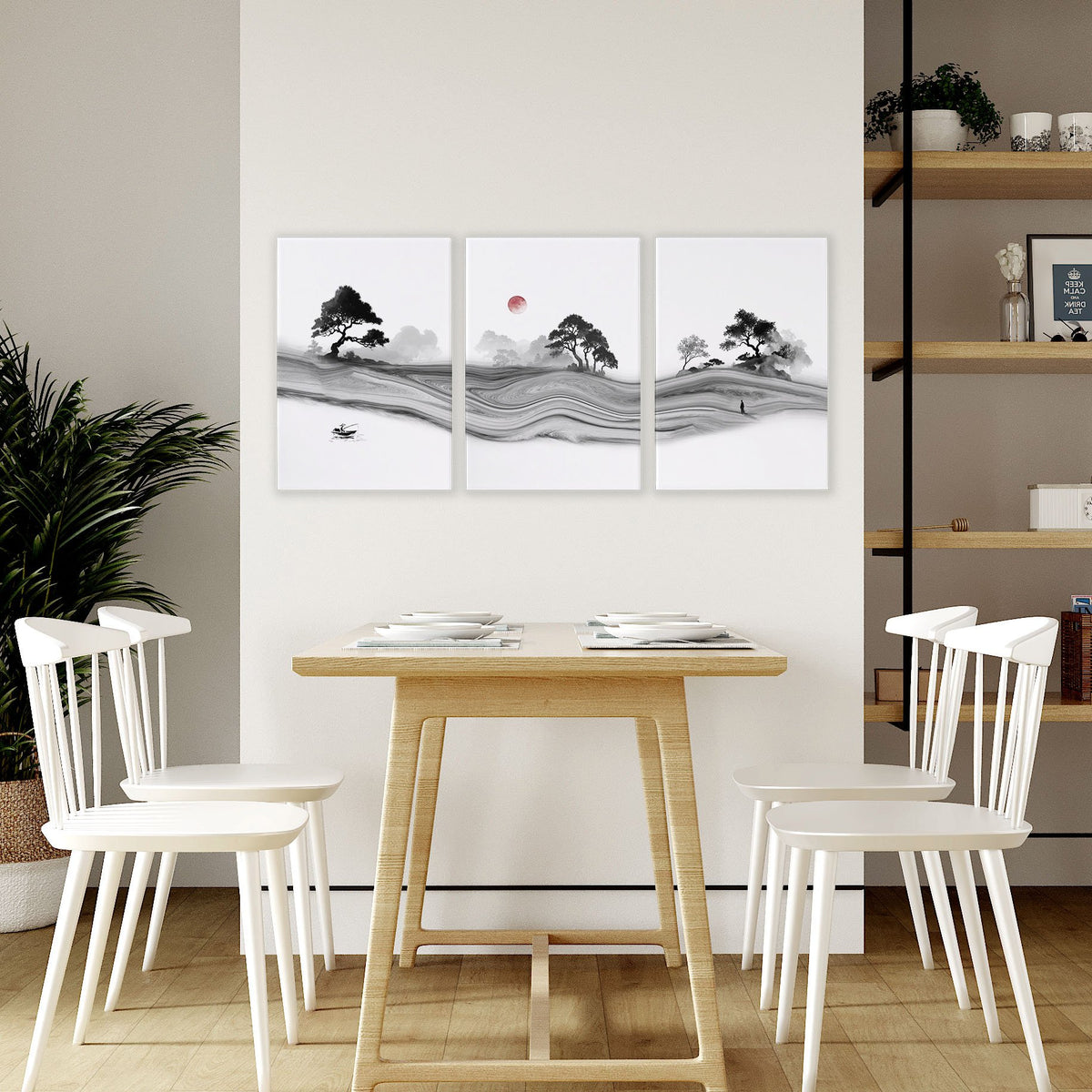 Traditional Japanese Wall Art Ink Landscape with Red Moon, Black & White displayed on a wall in a styled room — view 6