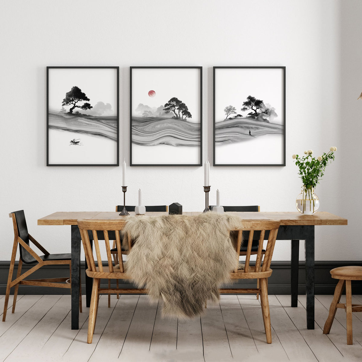 Traditional Japanese Wall Art Ink Landscape with Red Moon, Black & White displayed on a wall in a styled room — view 7
