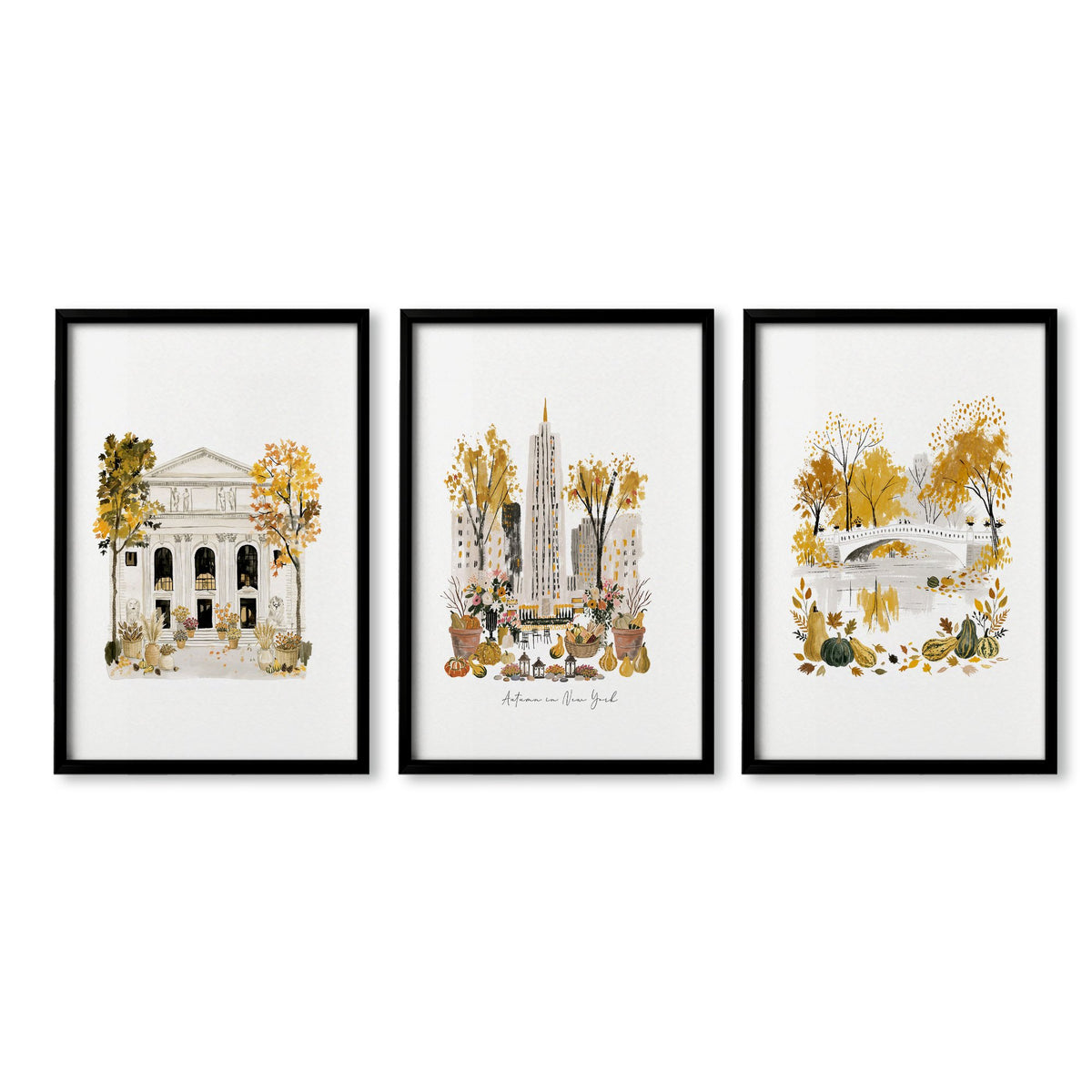 Travel Poster New York Central Park Empire State "Autumn in New York" Watercolour wall art in a black frame