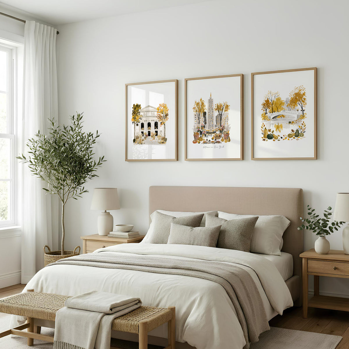 Travel Poster New York Central Park Empire State "Autumn in New York" Watercolour wall art displayed on a wall in a styled room — view 6