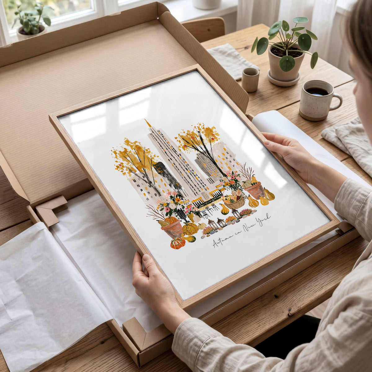 Travel Poster New York Central Park Empire State "Autumn in New York" Watercolour wall art displayed on a wall in a styled room — view 9