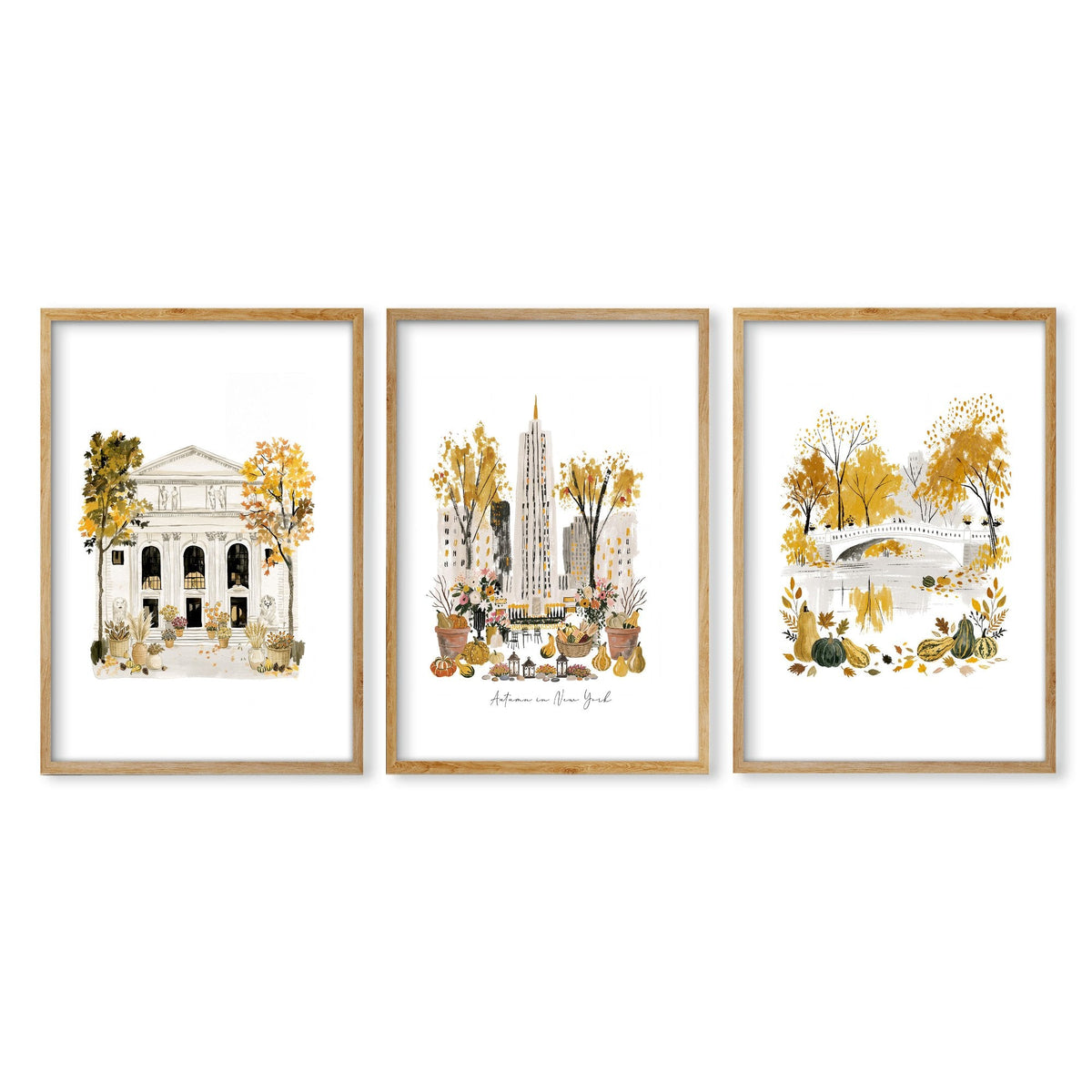Travel Poster New York Central Park Empire State "Autumn in New York" Watercolour Wall Art Prints | Set of 3