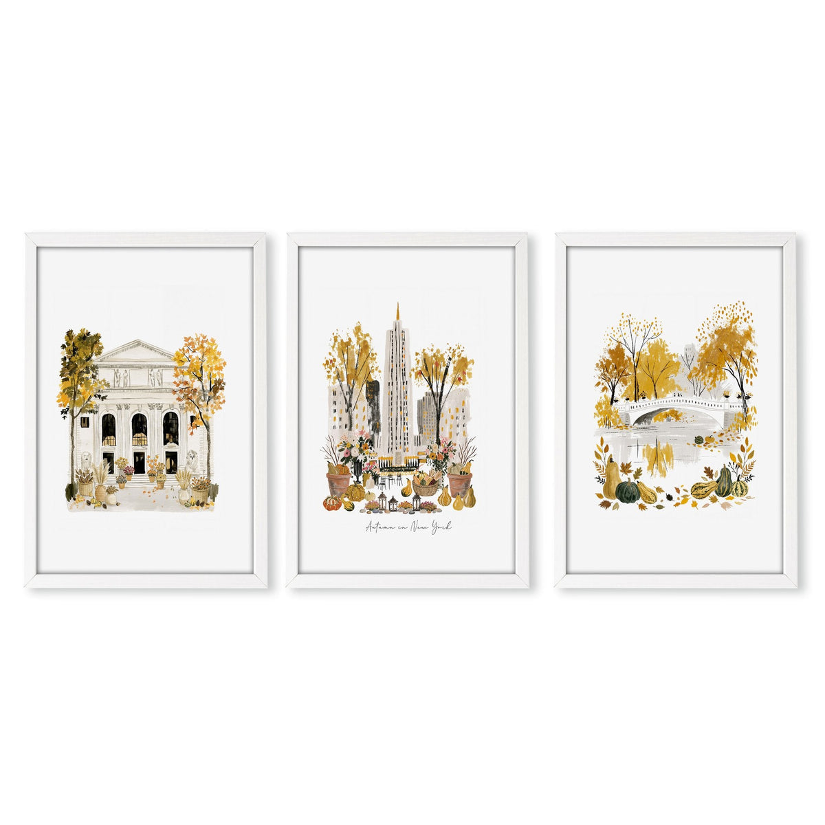 Travel Poster New York Central Park Empire State "Autumn in New York" Watercolour Wall Art Prints | Set of 3
