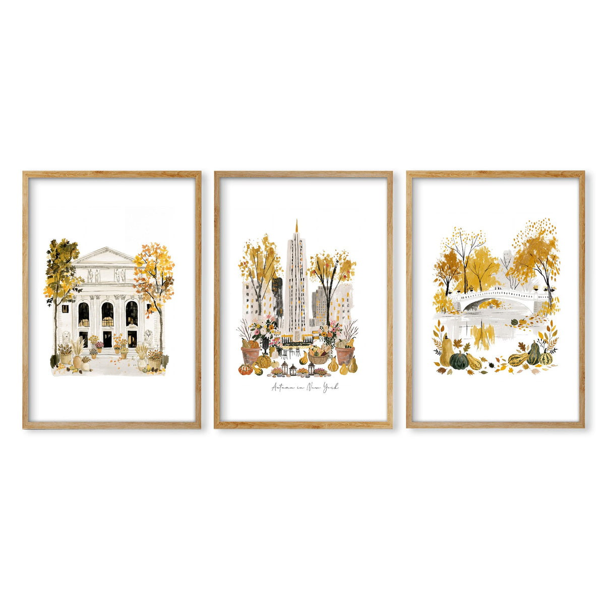 Travel Poster New York Central Park Empire State "Autumn in New York" Watercolour wall art in an oak frame