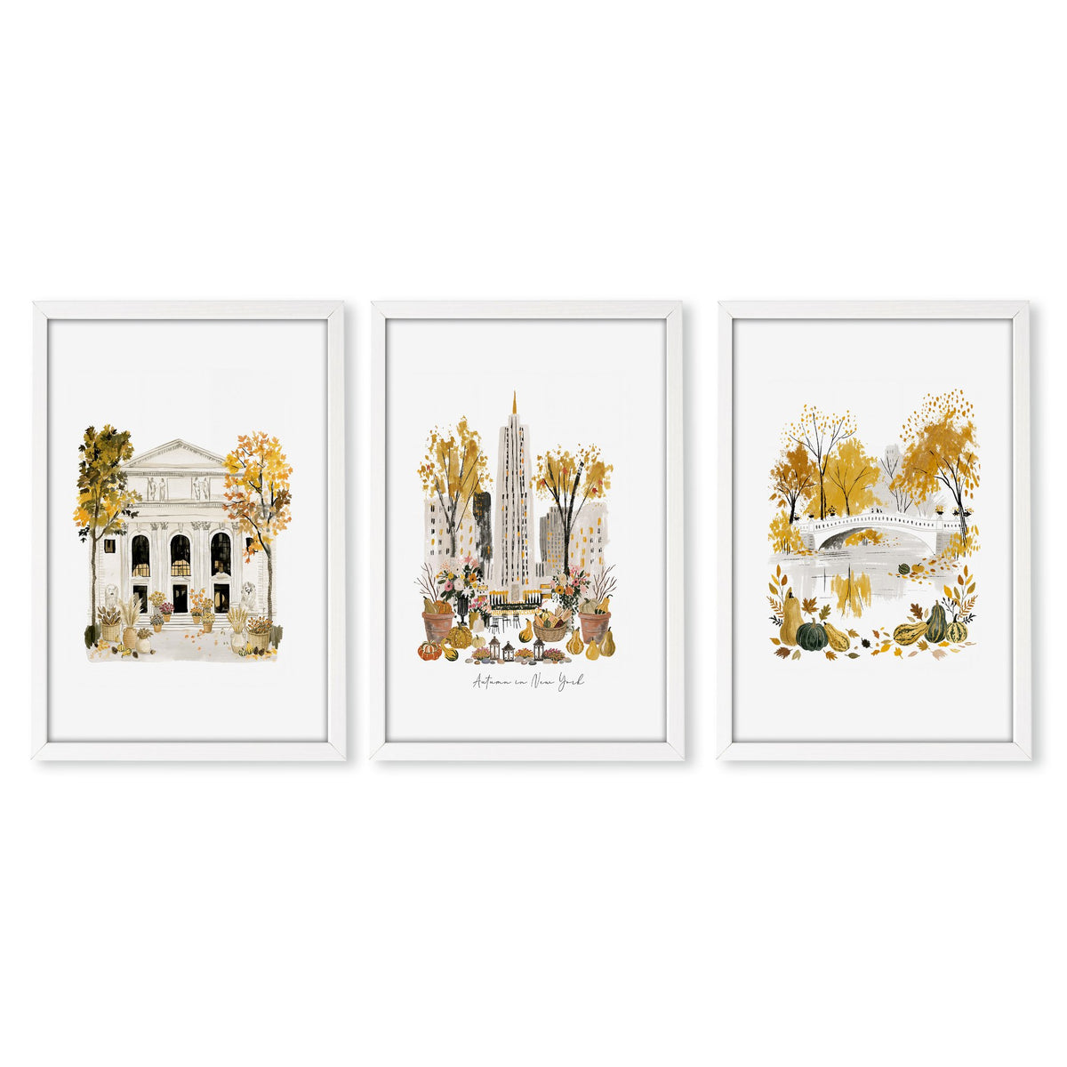 Travel Poster New York Central Park Empire State "Autumn in New York" Watercolour wall art in a white frame