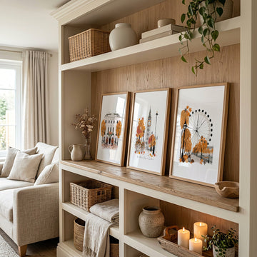 Travel Room Decor London Autumn Watercolour wall art | "An Autumn Day in London" displayed on a wall in a styled room