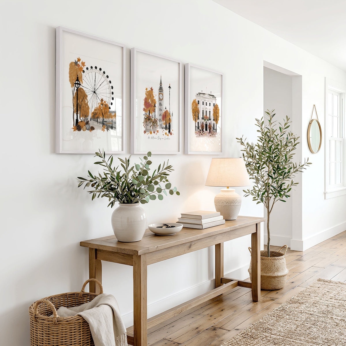 Travel Room Decor London Autumn Watercolour wall art | "An Autumn Day in London" displayed on a wall in a styled room — view 2