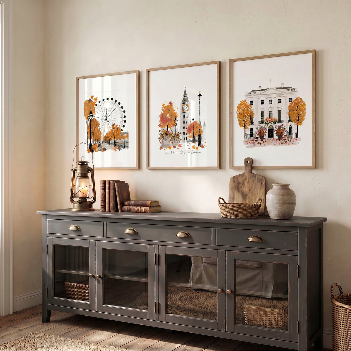 Travel Room Decor London Autumn Watercolour wall art | "An Autumn Day in London" displayed on a wall in a styled room — view 3