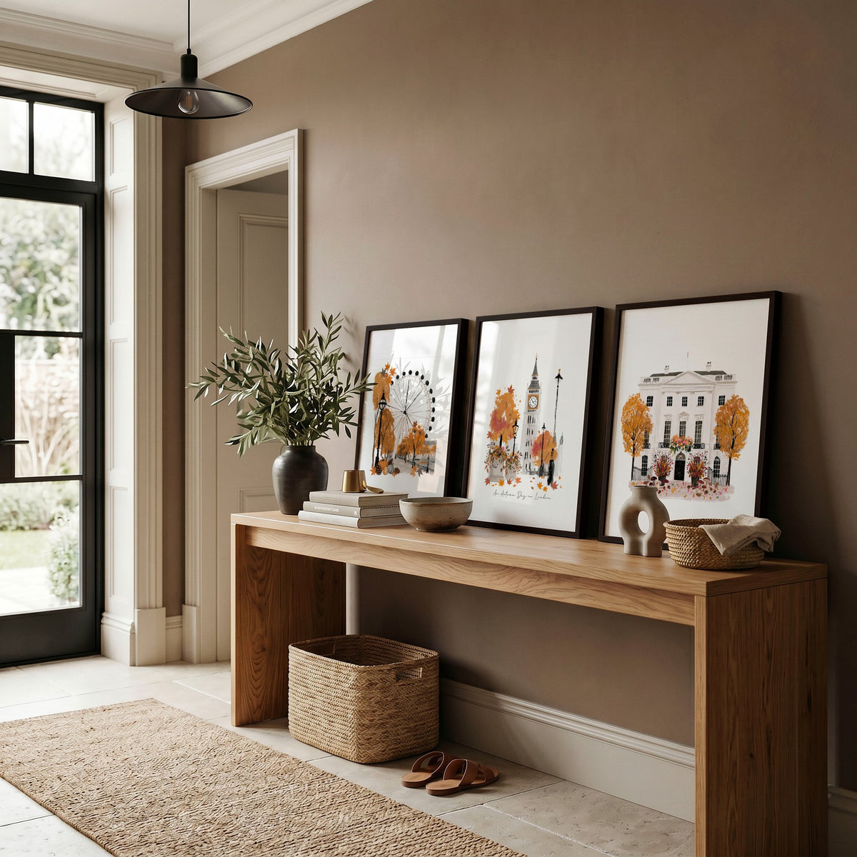 Travel Room Decor London Autumn Watercolour wall art | "An Autumn Day in London" displayed on a wall in a styled room — view 8