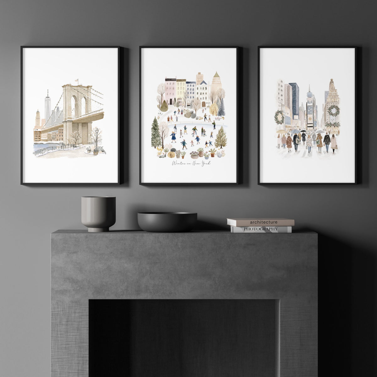 Travel Wall Art Decor New York Winter Watercolour "Winter in New York" Beige Pastel NYC displayed on a wall in a styled room