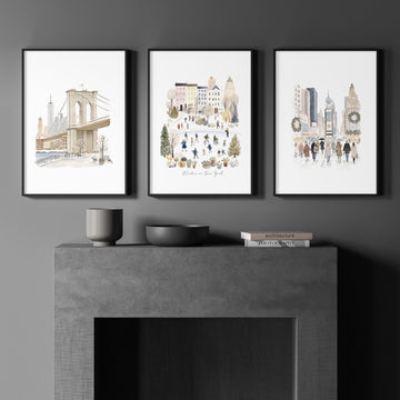Travel Wall Art Decor New York Winter Watercolour "Winter in New York" Beige Pastel NYC displayed on a wall in a styled room