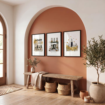 New York Travel Wall Art | "Autumn in New York" Ochre Watercolour City wall art displayed on a wall in a styled room — view 6