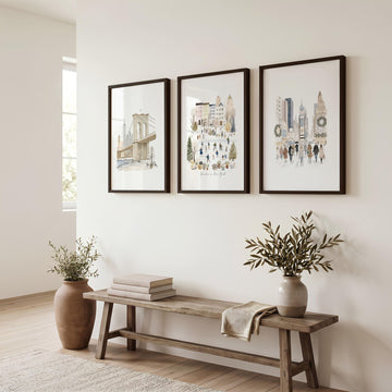 Travel Wall Decor Ideas New York Winter Watercolour Art wall art | "Winter in New York" displayed on a wall in a styled room — view 2
