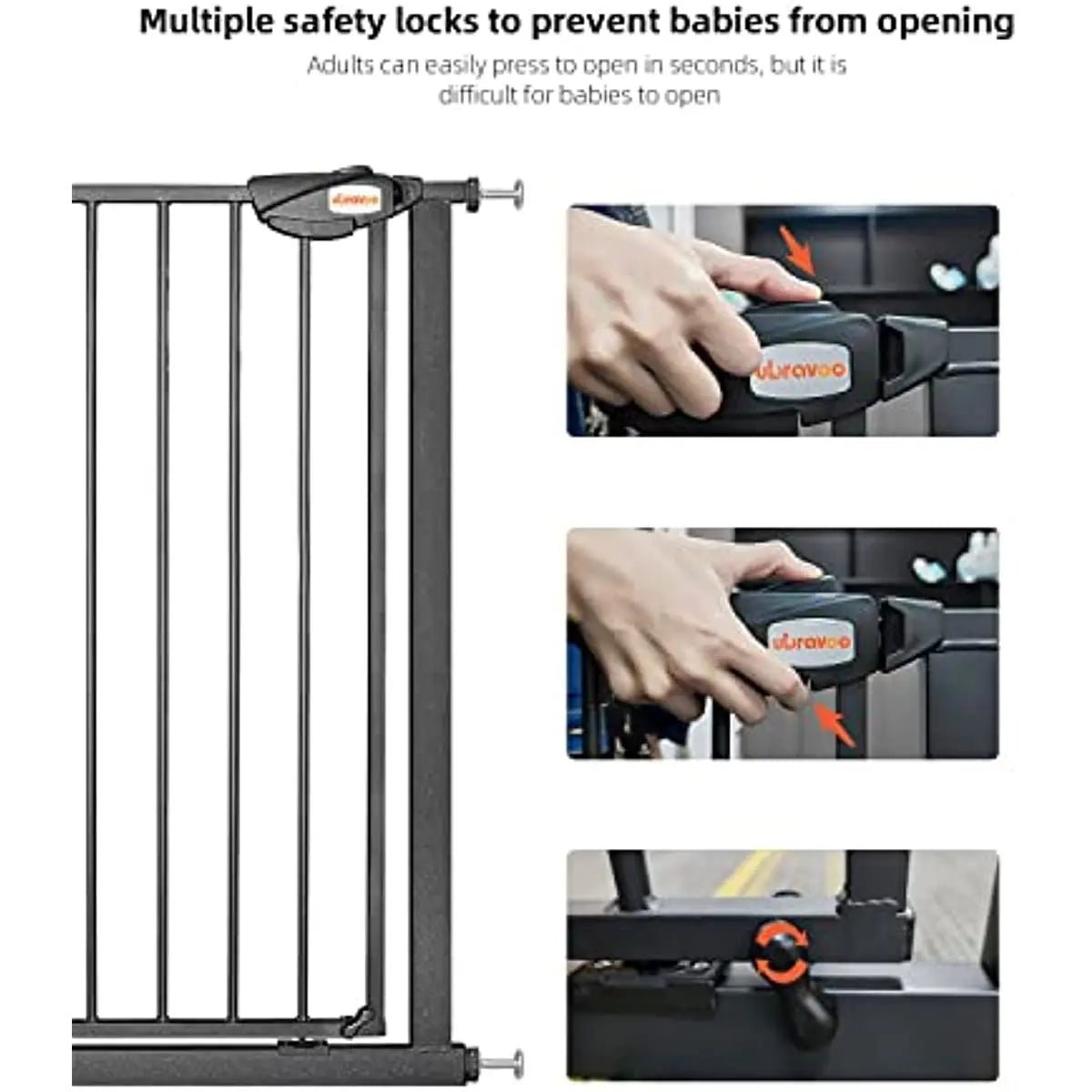 UBRAVOO Baby Gate for Doors and Stairs, Height 100 cm, Safety Pet Gate, Automatic Closure, Triple Locking