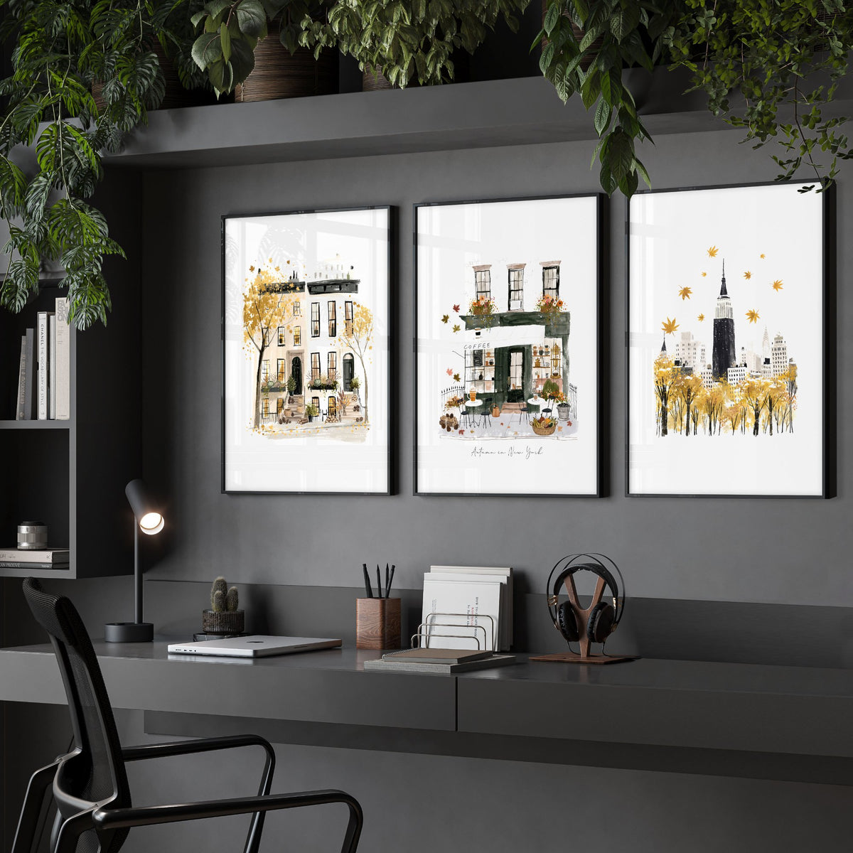 Unique Office Wall Decor "Autumn in New York" Ochre NYC Travel Art wall art displayed on a wall in a styled room
