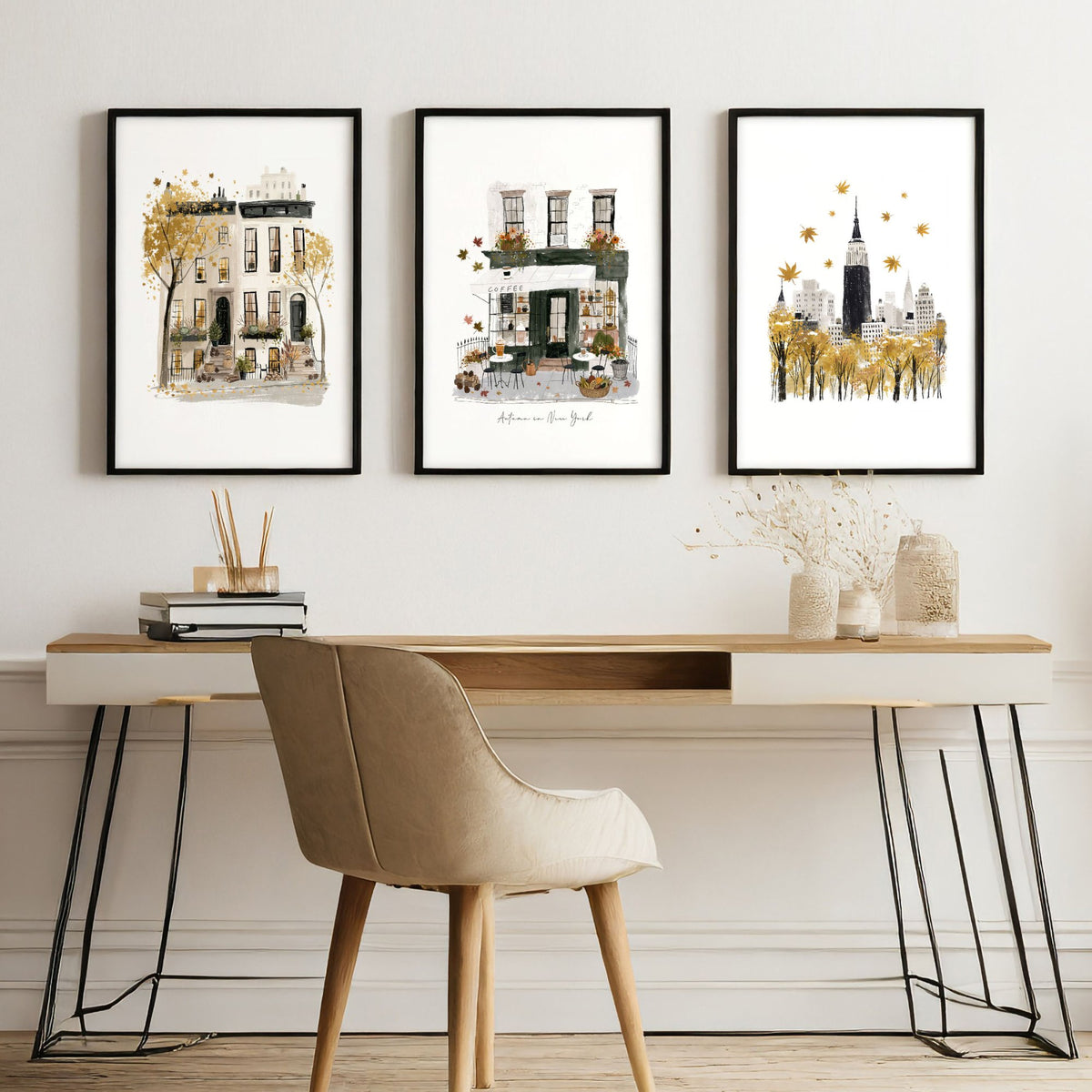 Unique Office Wall Decor "Autumn in New York" Ochre NYC Travel Art wall art displayed on a wall in a styled room — view 3