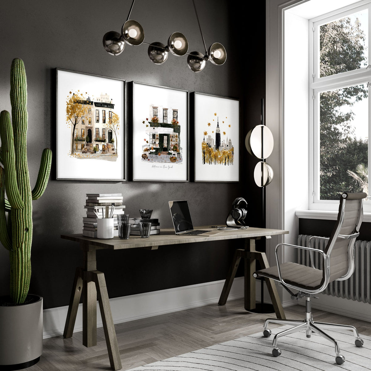 Unique Office Wall Decor "Autumn in New York" Ochre NYC Travel Art wall art displayed on a wall in a styled room — view 4