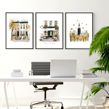 Unique Office Wall Decor "Autumn in New York" Ochre NYC Travel Art wall art displayed on a wall in a styled room — view 5